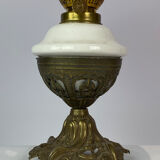 Kerosene lamp of patinated brass with shade of white opaline glass, 1860