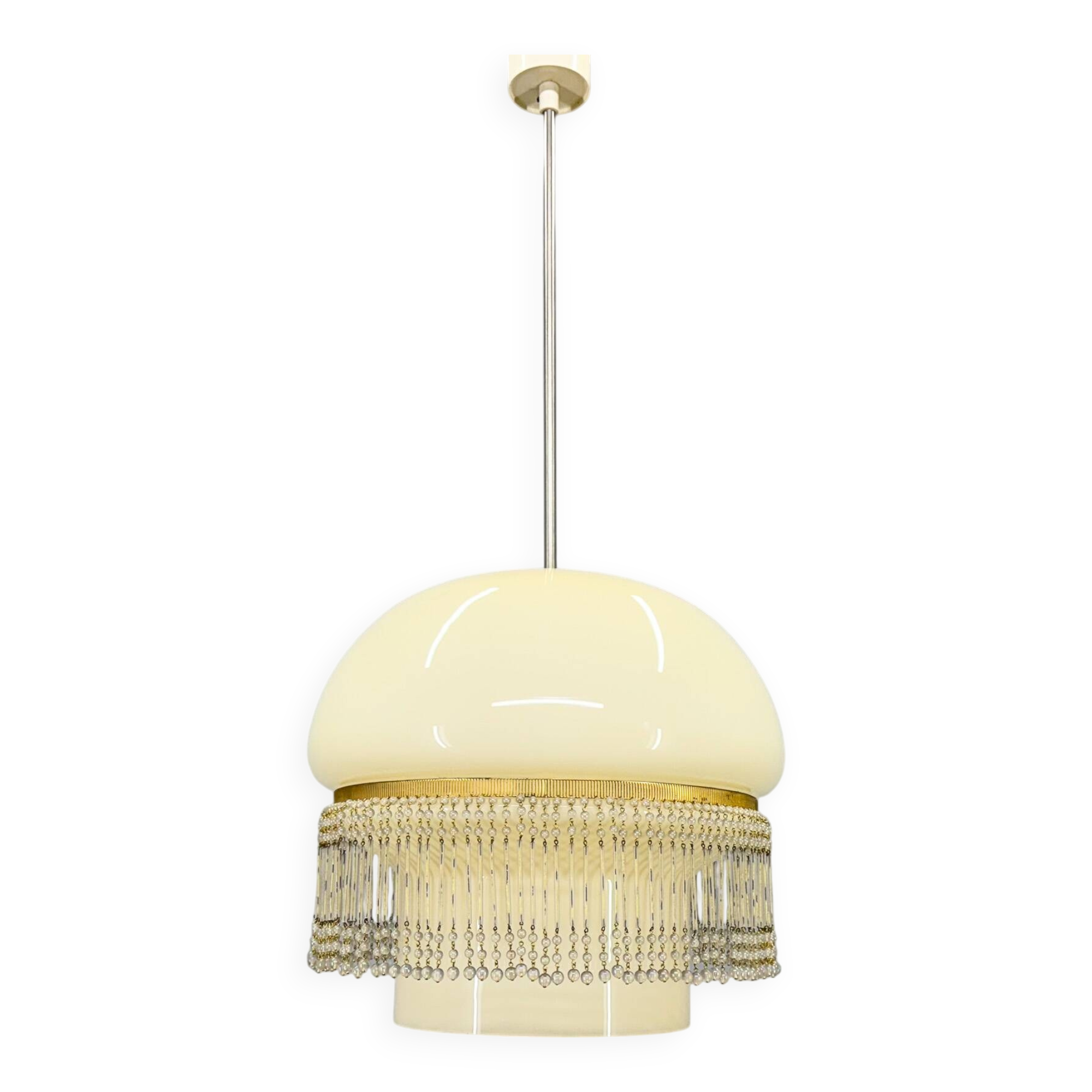 Mid-Century Opaline Glass Pendant Light with Brass Detail & Beads