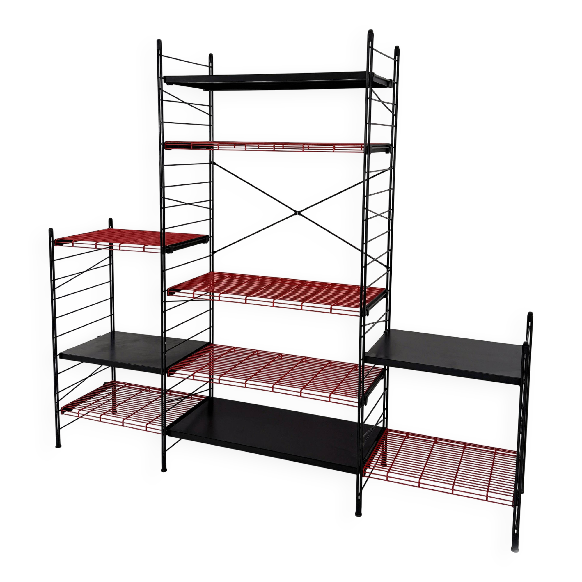 Modular, postmodern, red and black freestanding shelving unit, 1980