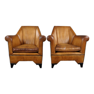 Pair of vintage sheep leather Art Deco armchairs by Bart van Bekhoven