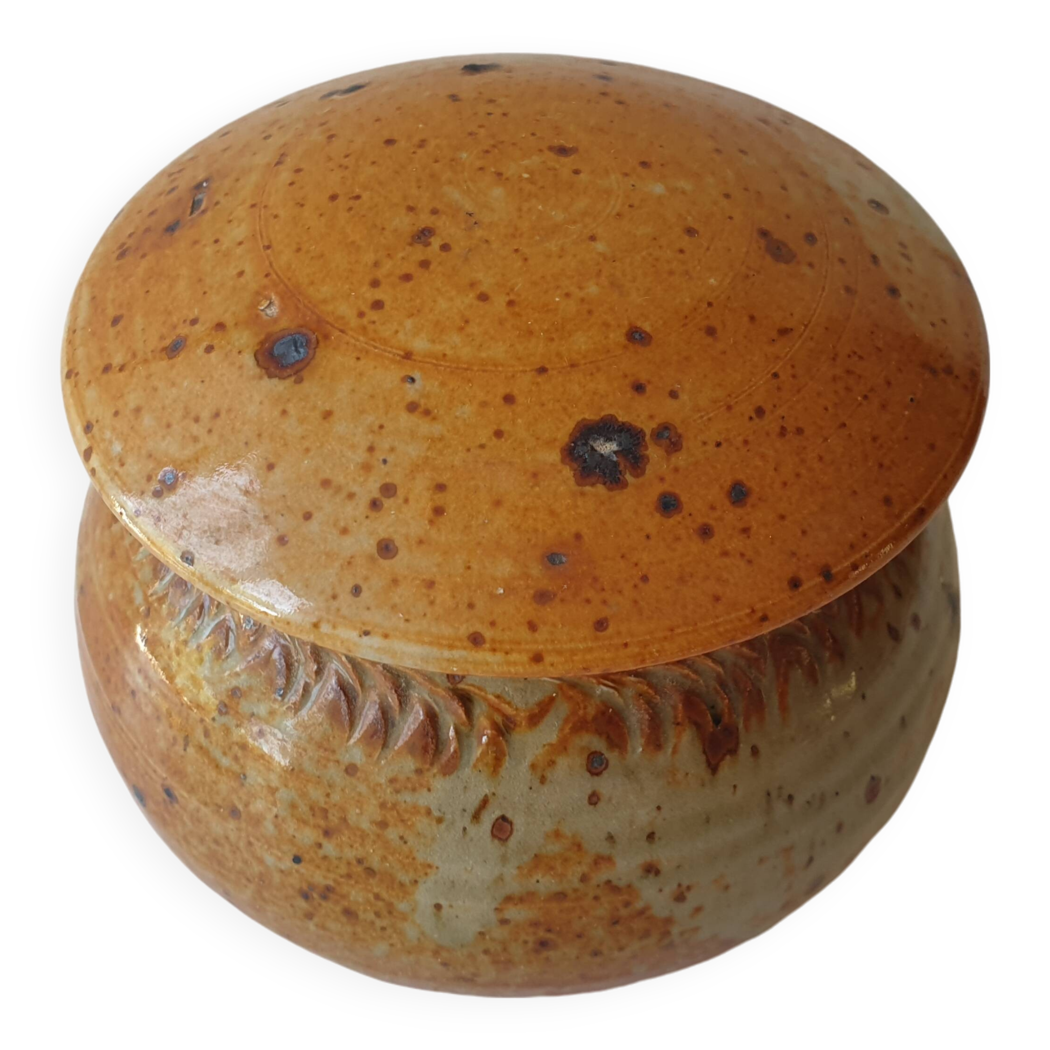 Pyrite stoneware ceramic candy box signed A (Signature to be identified)