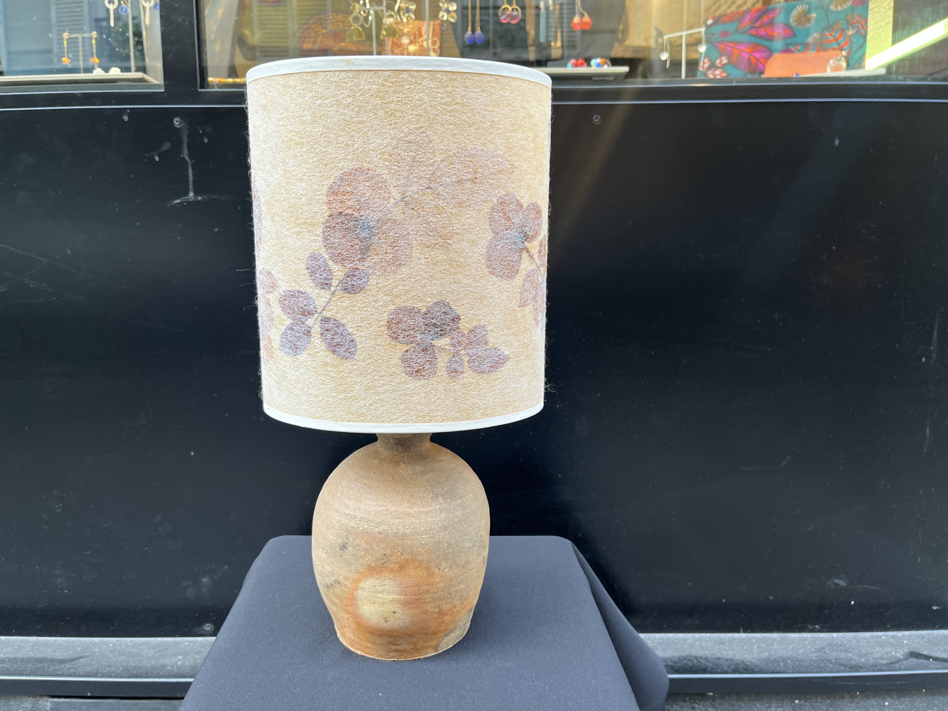 Vintage brutalist stoneware ceramic lamp base with dried flower shade