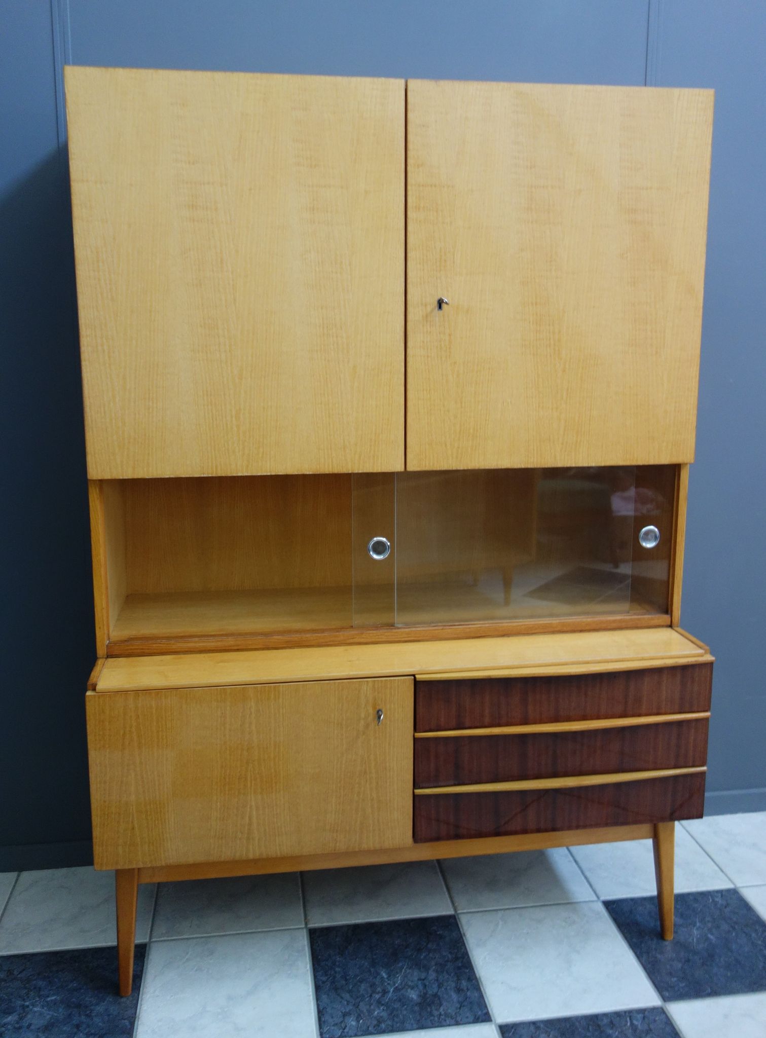 Highboard in two-tone wood with showcase part 1960s by Jitona Czech republic