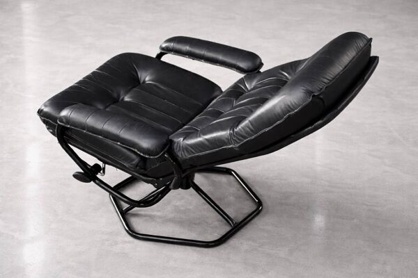 Vintage Mid-Century Danish Modern Black Leather Swivel Chair & Ottoman
