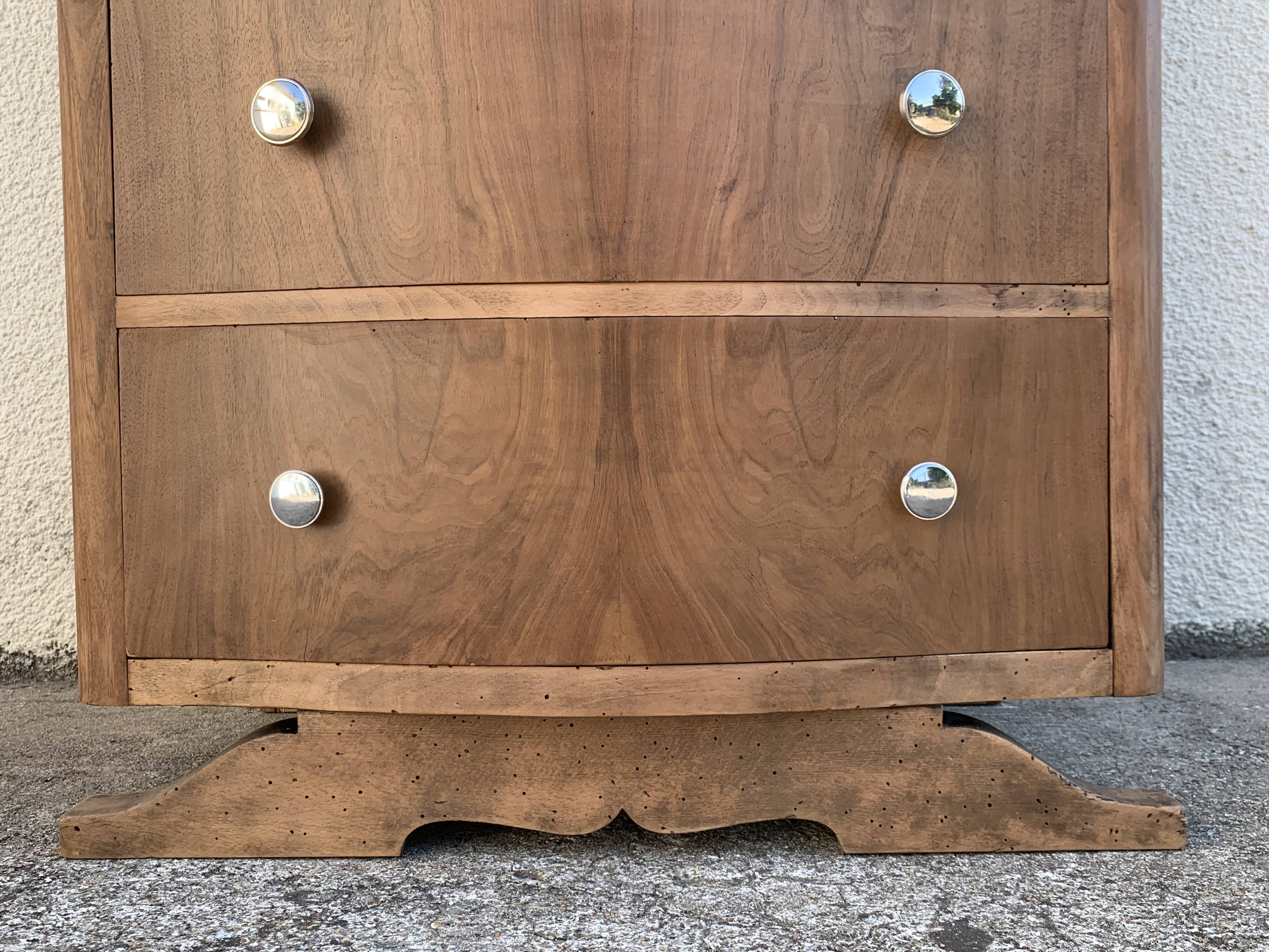 High art deco chest of drawers with mustache feet in raw walnut, 1930s