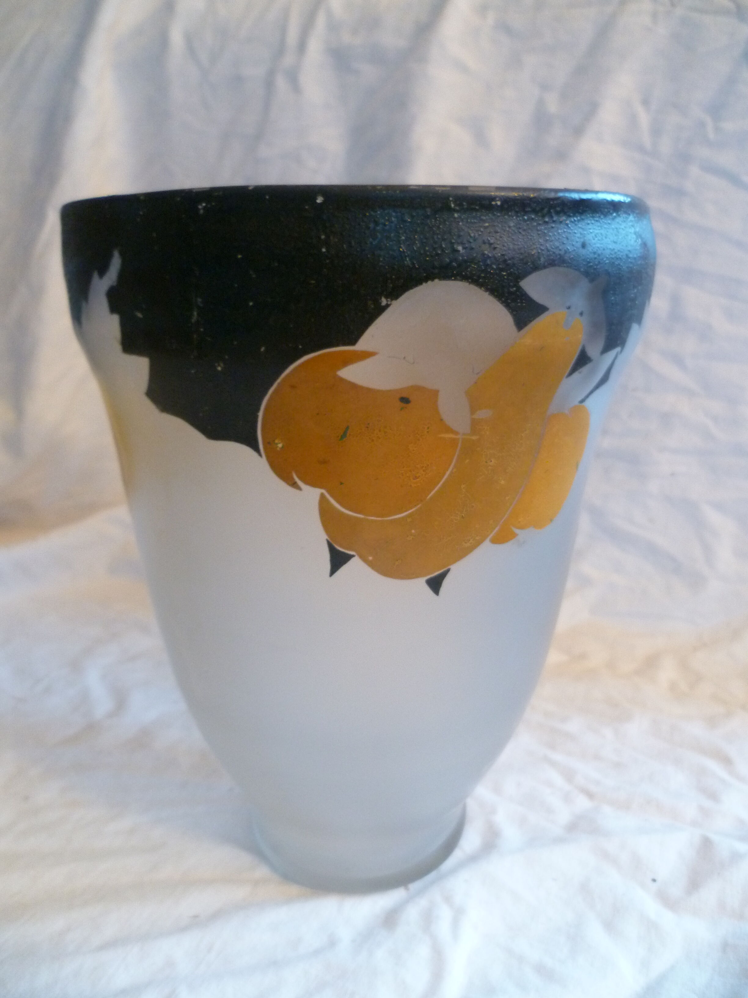 Art deco vase in hand-painted frosted blown glass fruit decoration signed helios