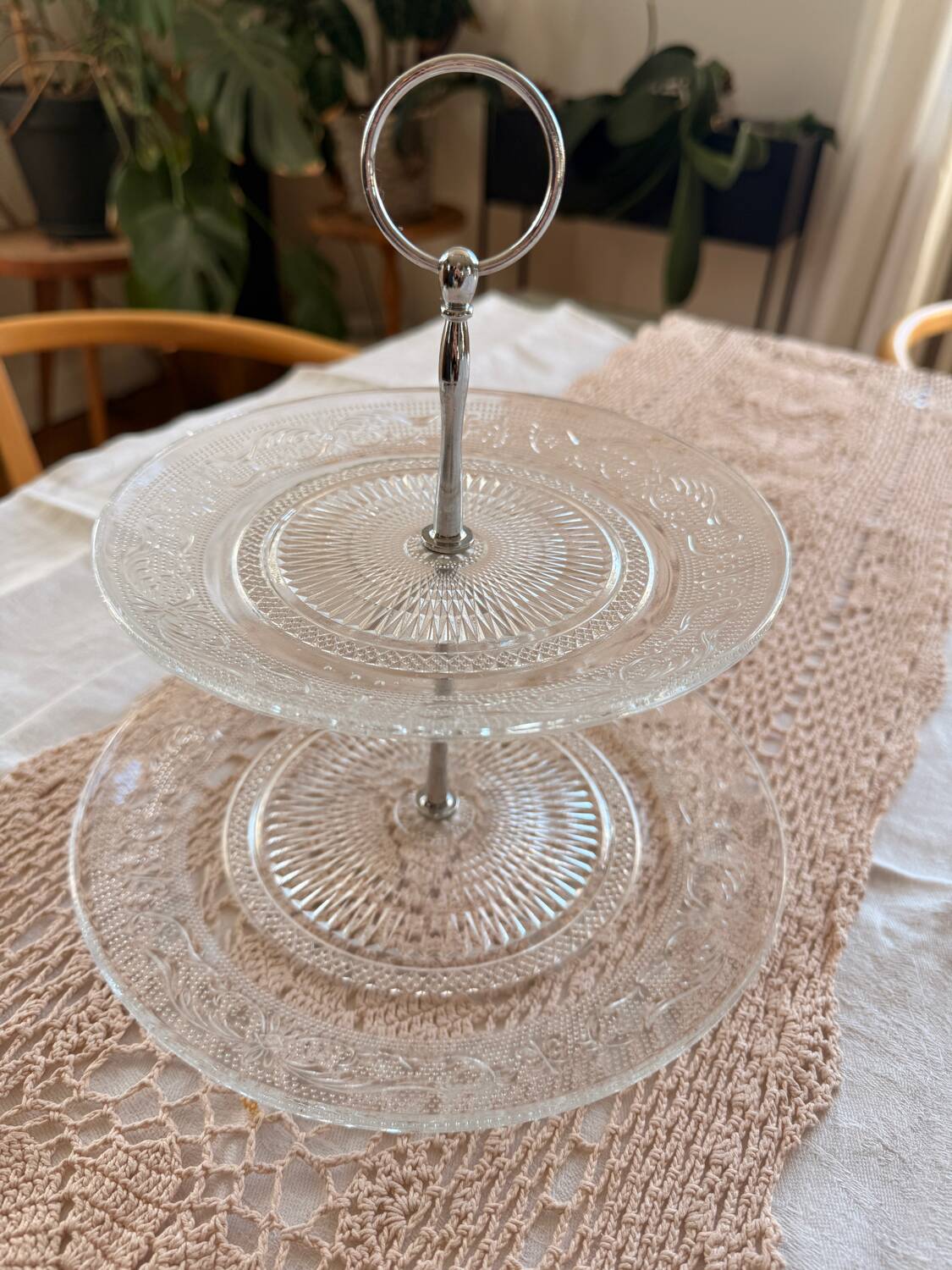 Antique cake stand in cut pressed glass