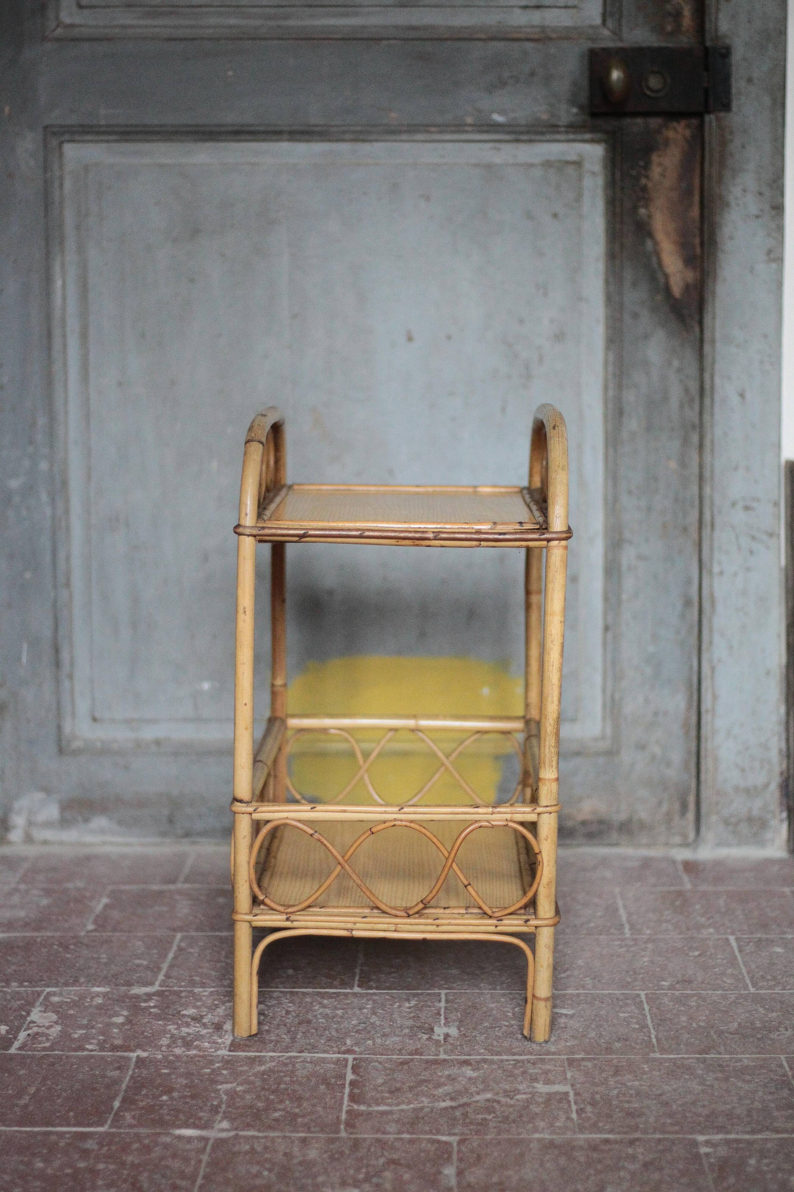 Vintage rattan serving table, two-tier side table.