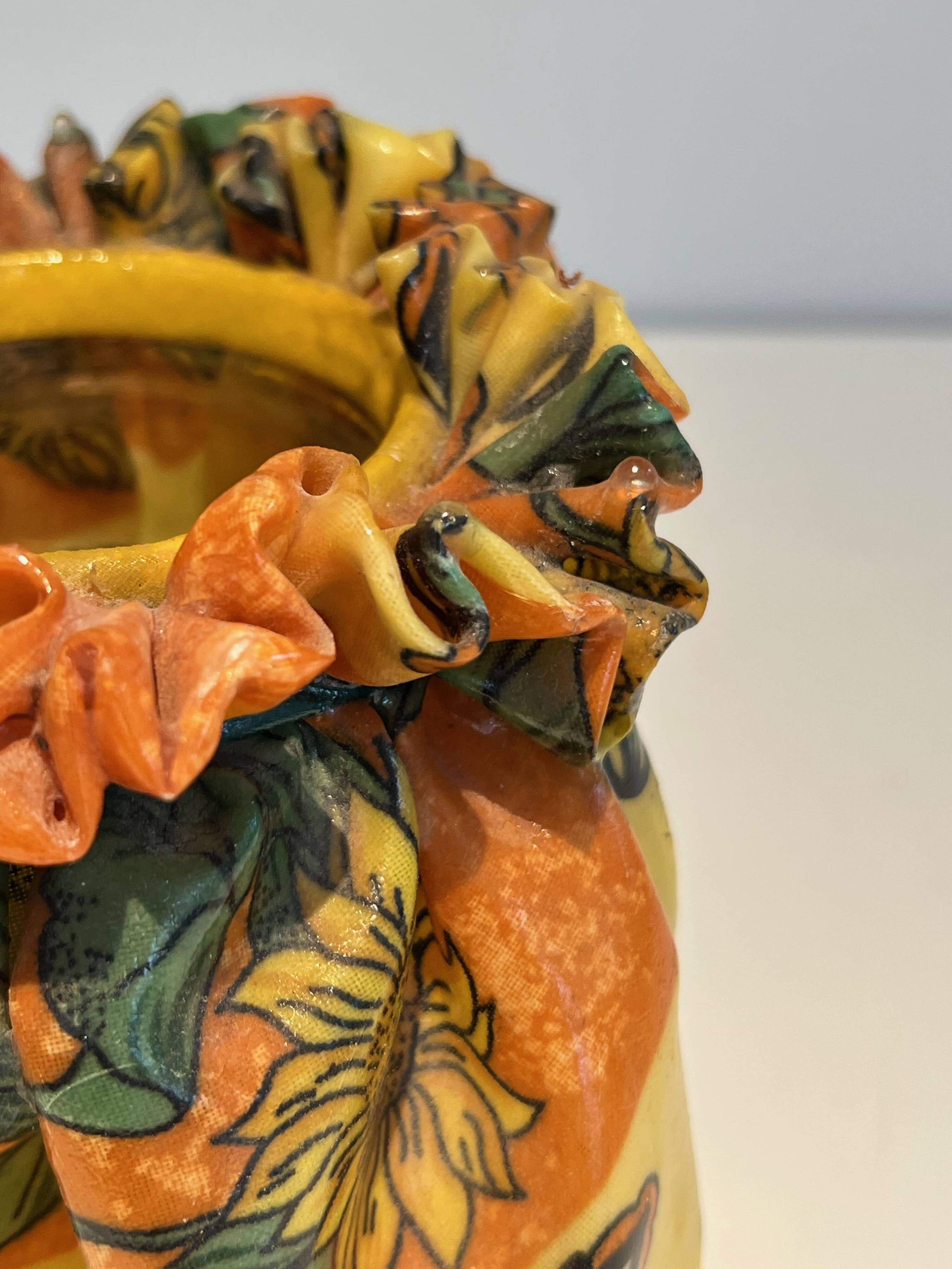 Trompe-l'Œil Ceramic Vase in the Shape of a Knotted Bag with Floral Decoration. Work