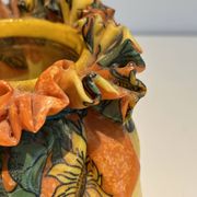 Trompe-l'Œil Ceramic Vase in the Shape of a Knotted Bag with Floral Decoration. Work