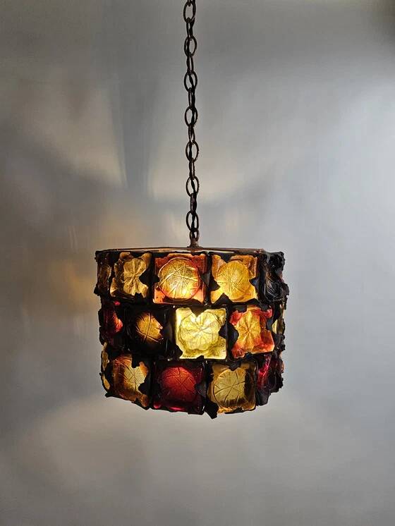 Very rare and unique set of pendant lamps, brutalist glass and metal by Felipe Delfinger for Feder, 1970s Mexico