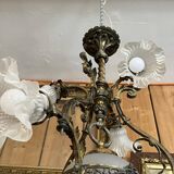 19th century brass and bronze chandelier, Napoleon III, illuminated by 6 tulips and a central globe