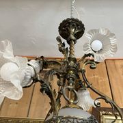 19th century brass and bronze chandelier, Napoleon III, illuminated by 6 tulips and a central globe