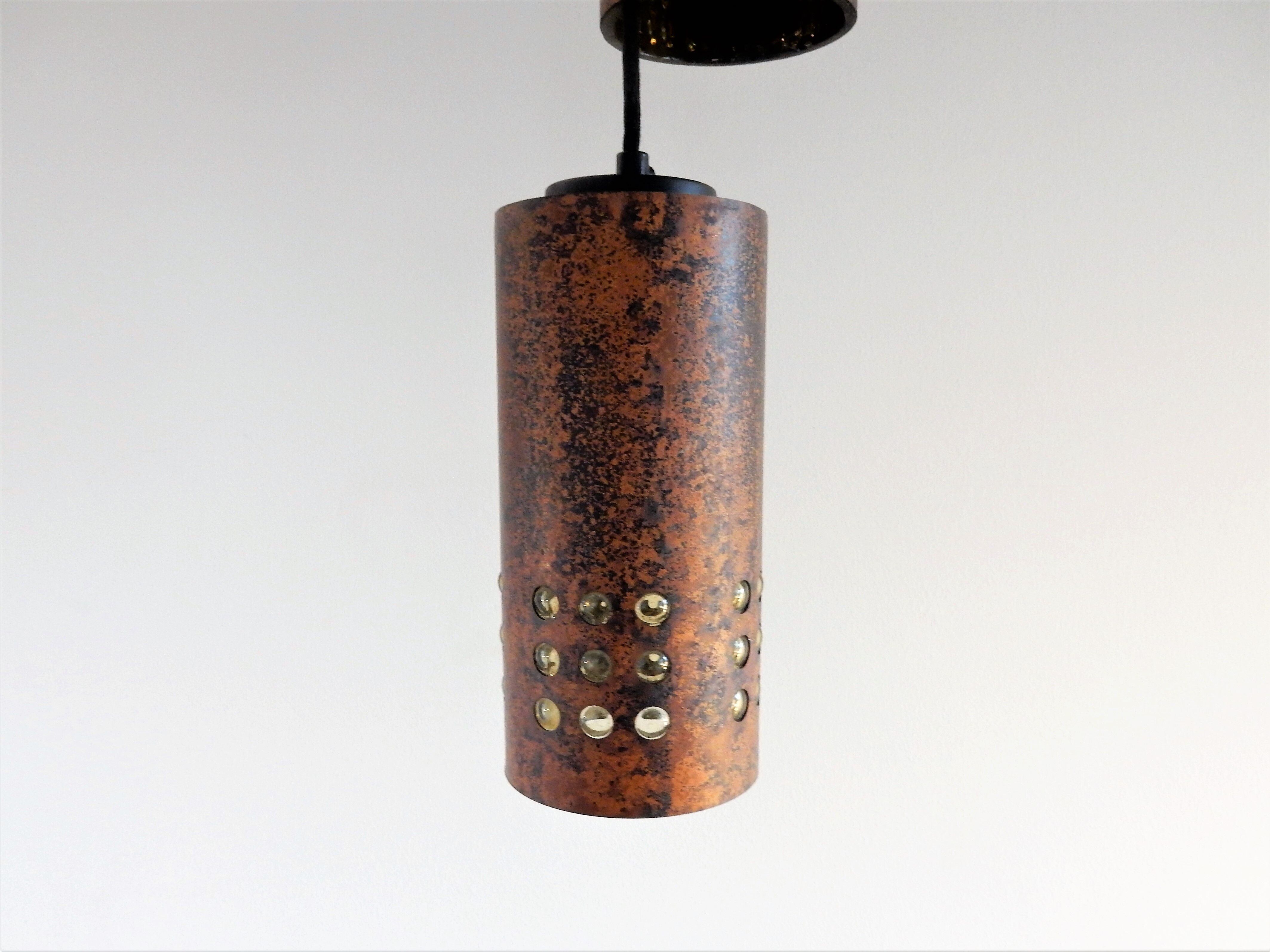 Set of 2 brutalist metal and glass pendant lamps, 1960s