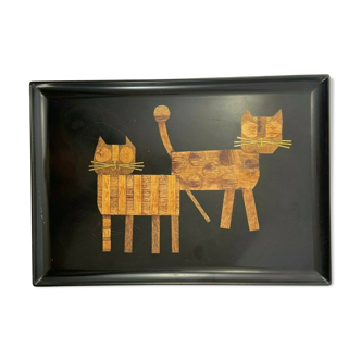 Cat wood marquetry tray 1950