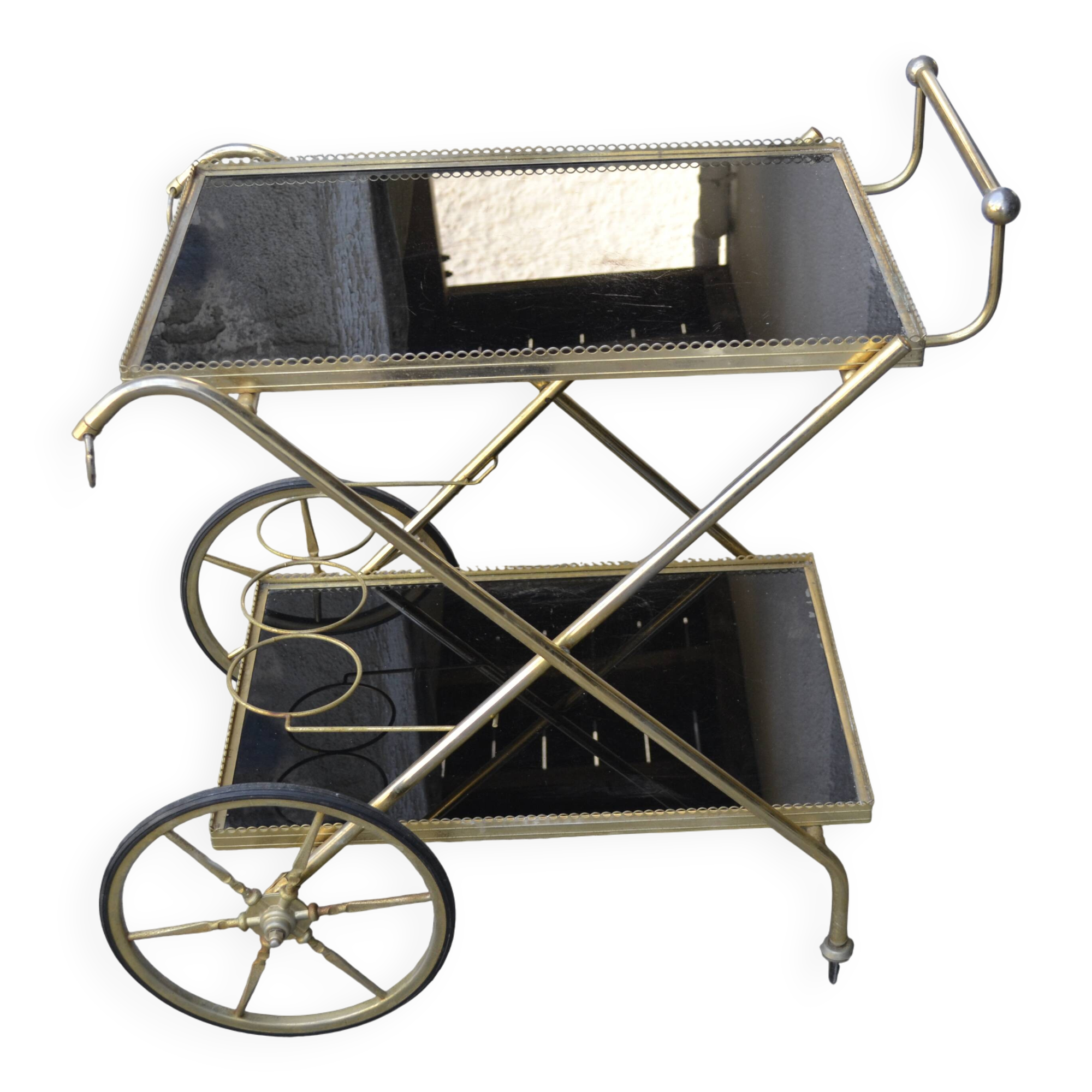 Rolling cart in brass and smoked glass