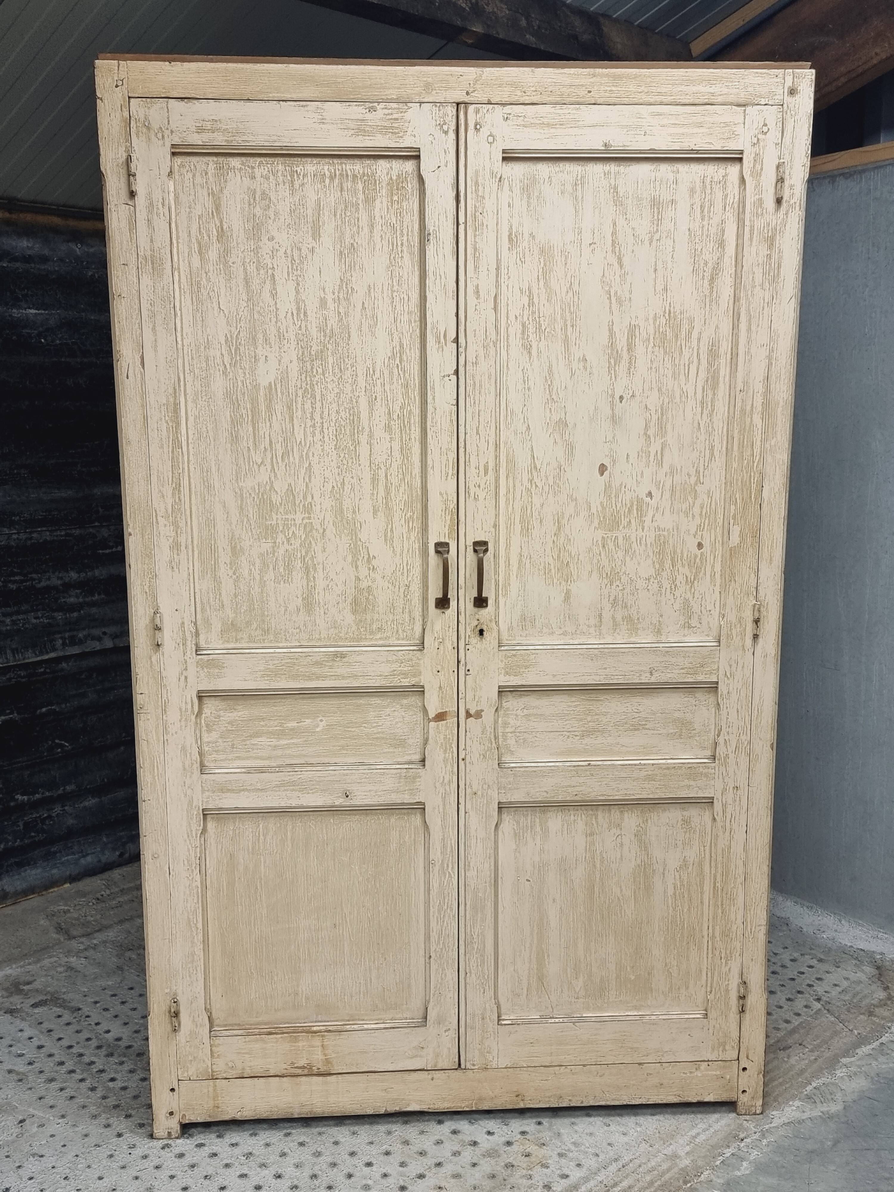 Antique wardrobe, kitchen cabinet, pinewood, creamy white