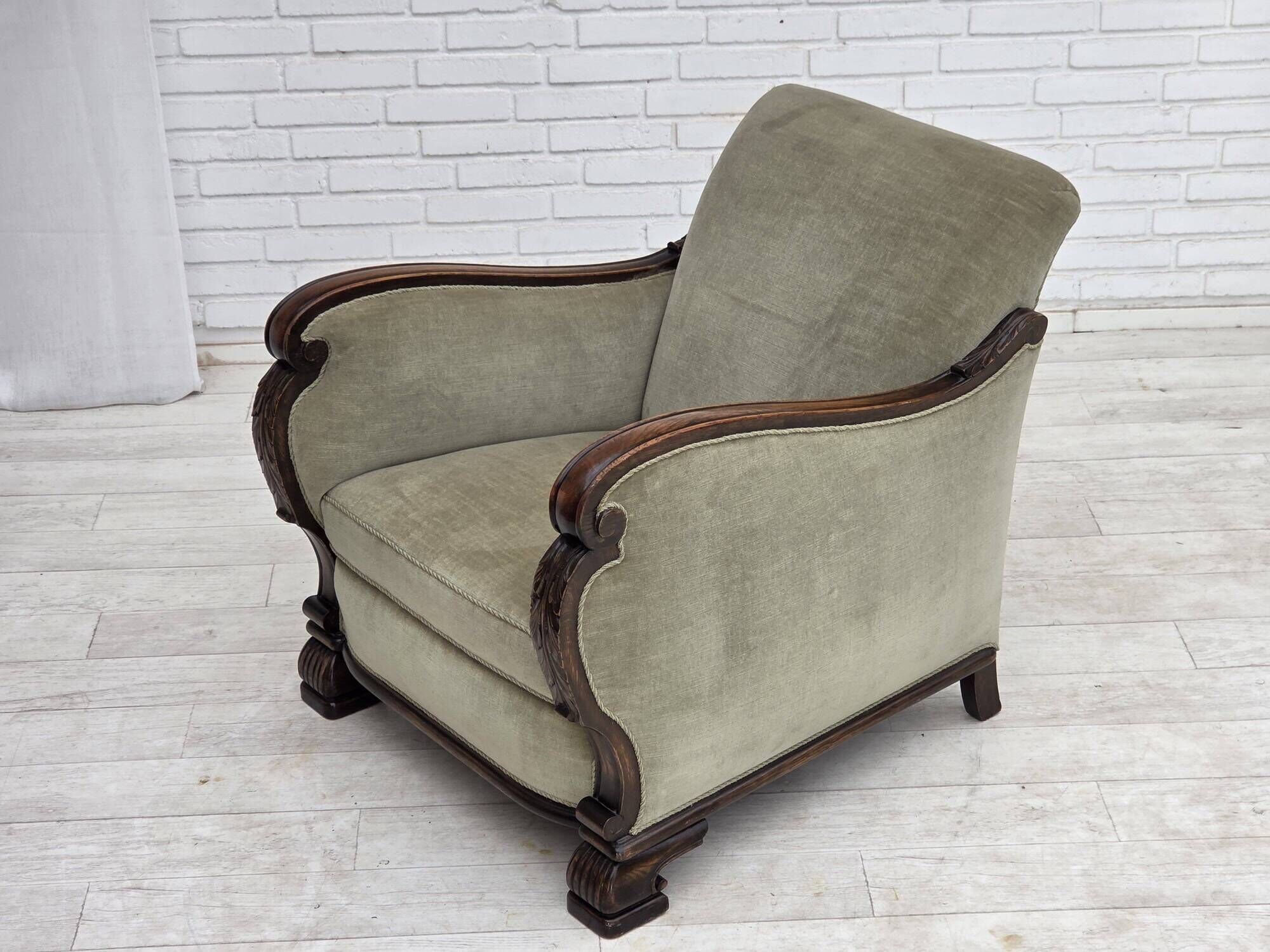 1950s, Danish relax armchair, furniture velour, carved oak wood.