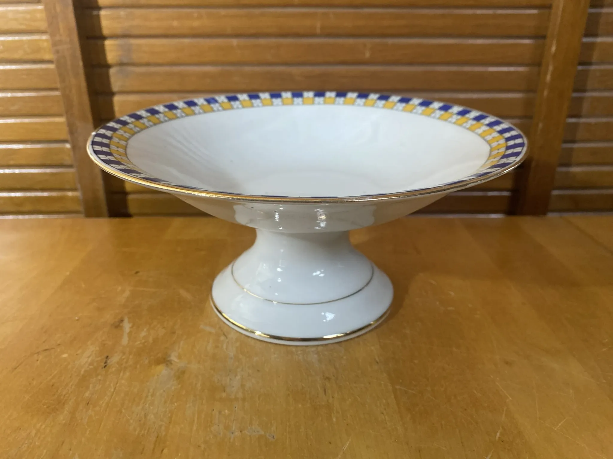 Vintage White Ceramic Centre Table Compote with Geometric Decor