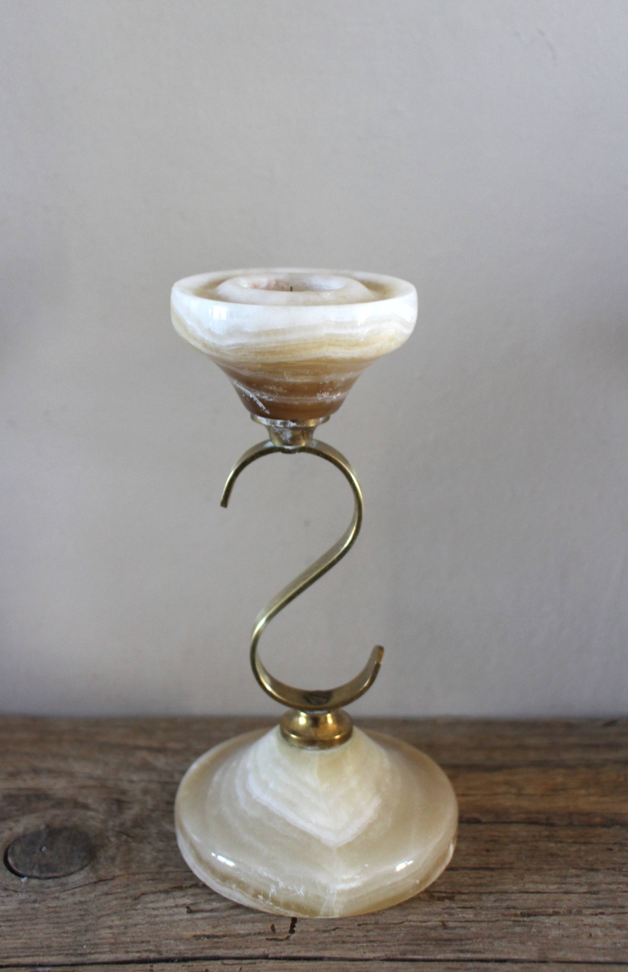 Curved brass and onyx candlestick