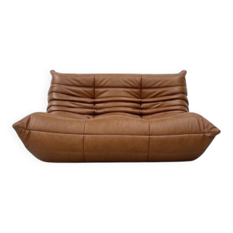 Togo sofa in mid brown leather attributed to Michel Ducaroy for Ligne Roset