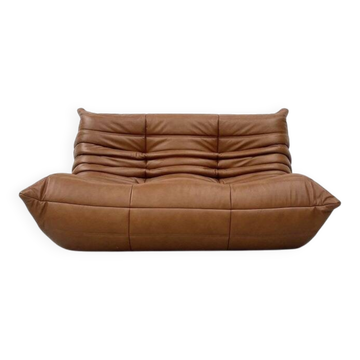 Togo sofa in mid brown leather attributed to Michel Ducaroy for Ligne Roset