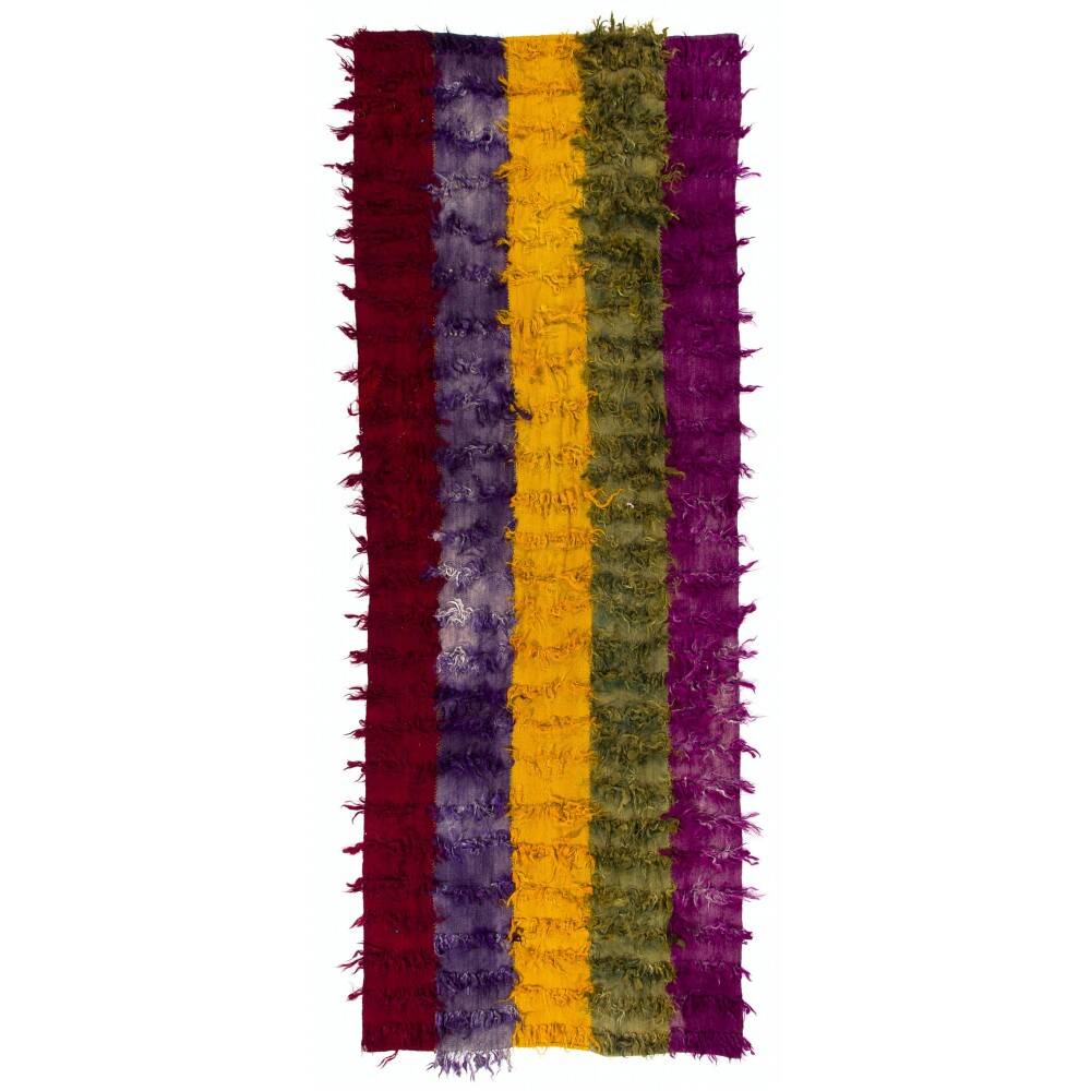 Vintage Hand-Knotted Tulu Runner Rug in Red, Purple, Yellow, Green and Magenta, 100% Mohair Wool