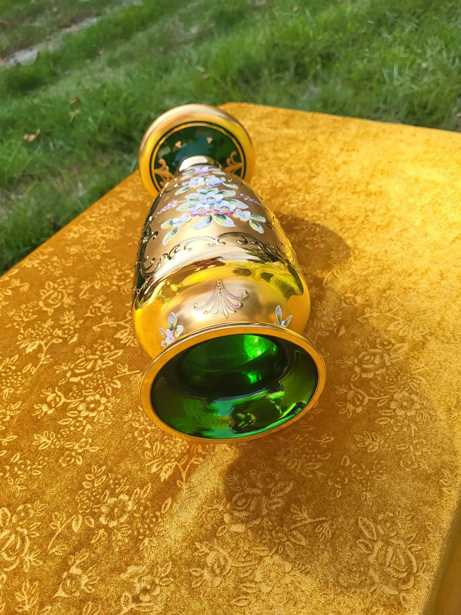 Bohemian Crystal Emerald Green Vase with 24K Gold Encrusted Floral Design