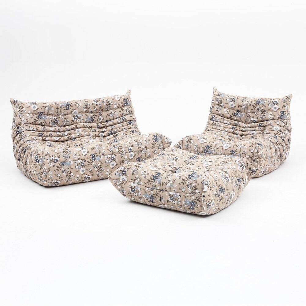 Togo lounge chair with pouf and 2-seater sofa in patterned fabric by Michel Ducaroy for Ligne Roset, set of 3