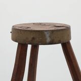 Brutalist French solid oak tripod stool with metal rim, 1850s