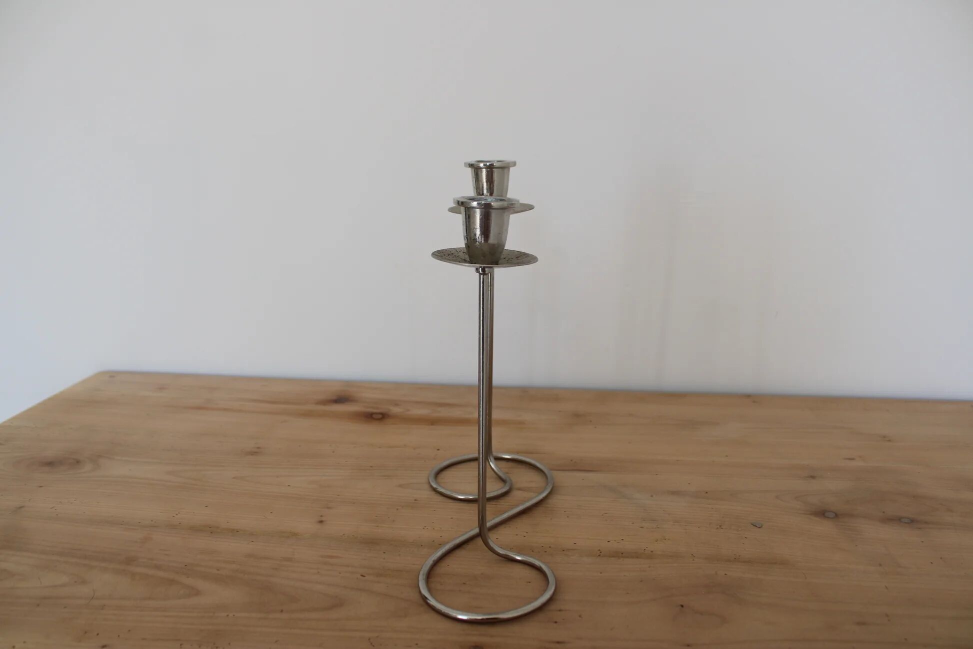 Vintage double candlestick in chrome metal – Spiral design