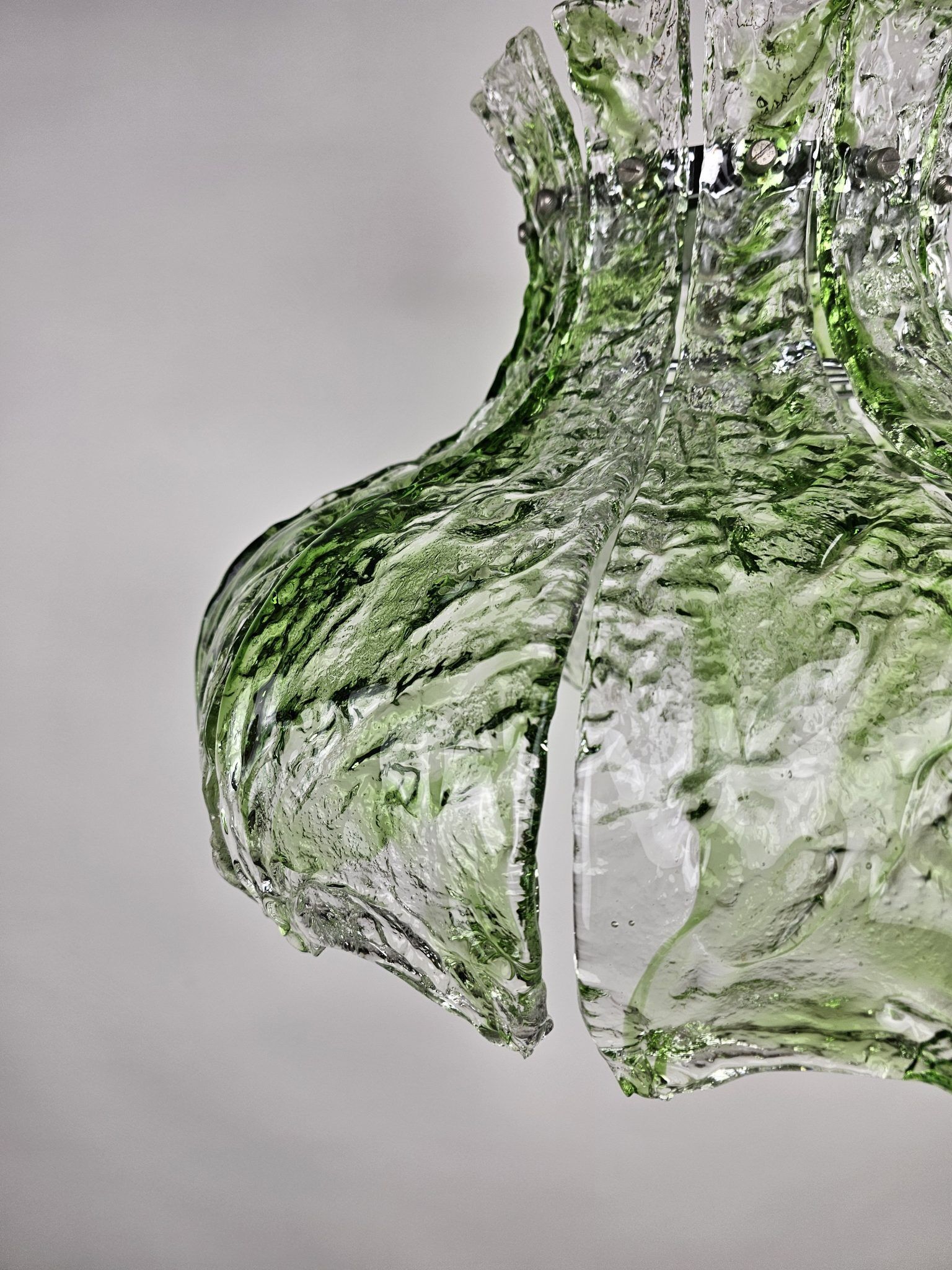 Pendant lamp by Mazzega with loose leaves of ice glass in transparent and green