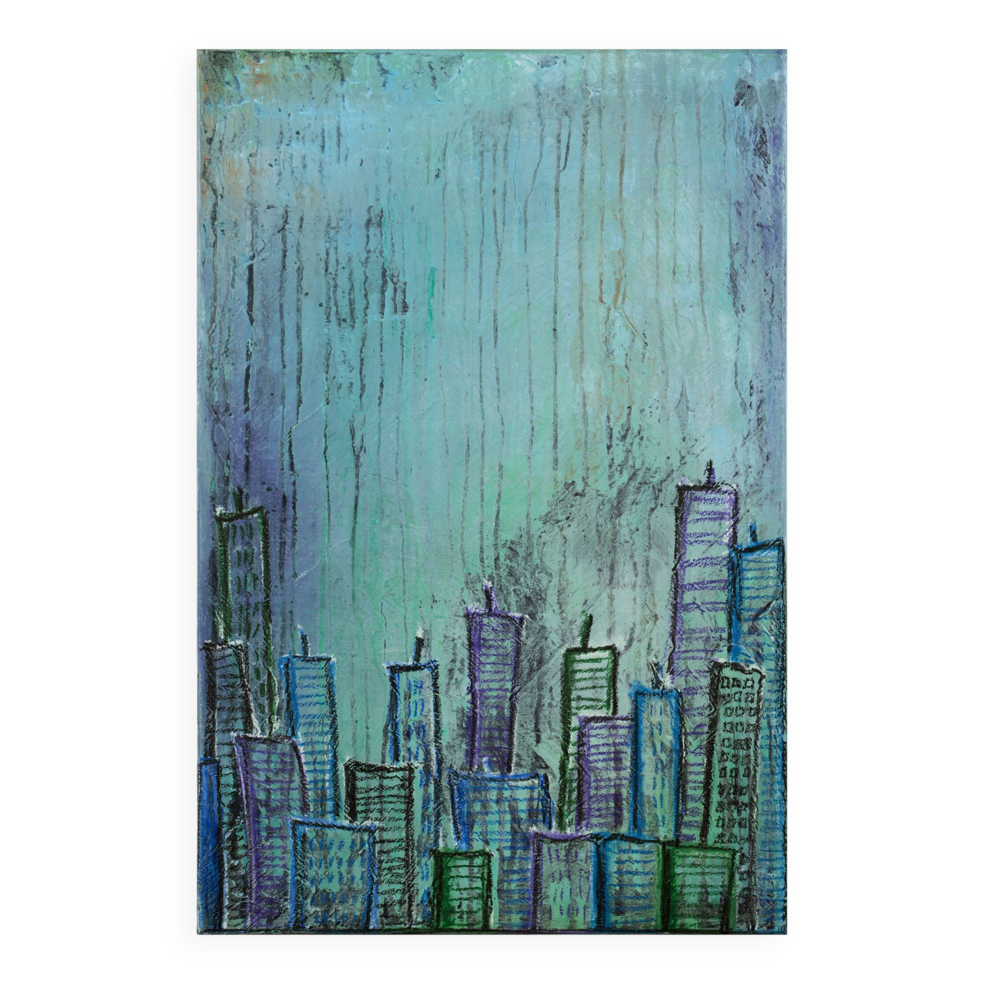 Contemporary paintig in teal, purple and green shades, acrylic on canvas