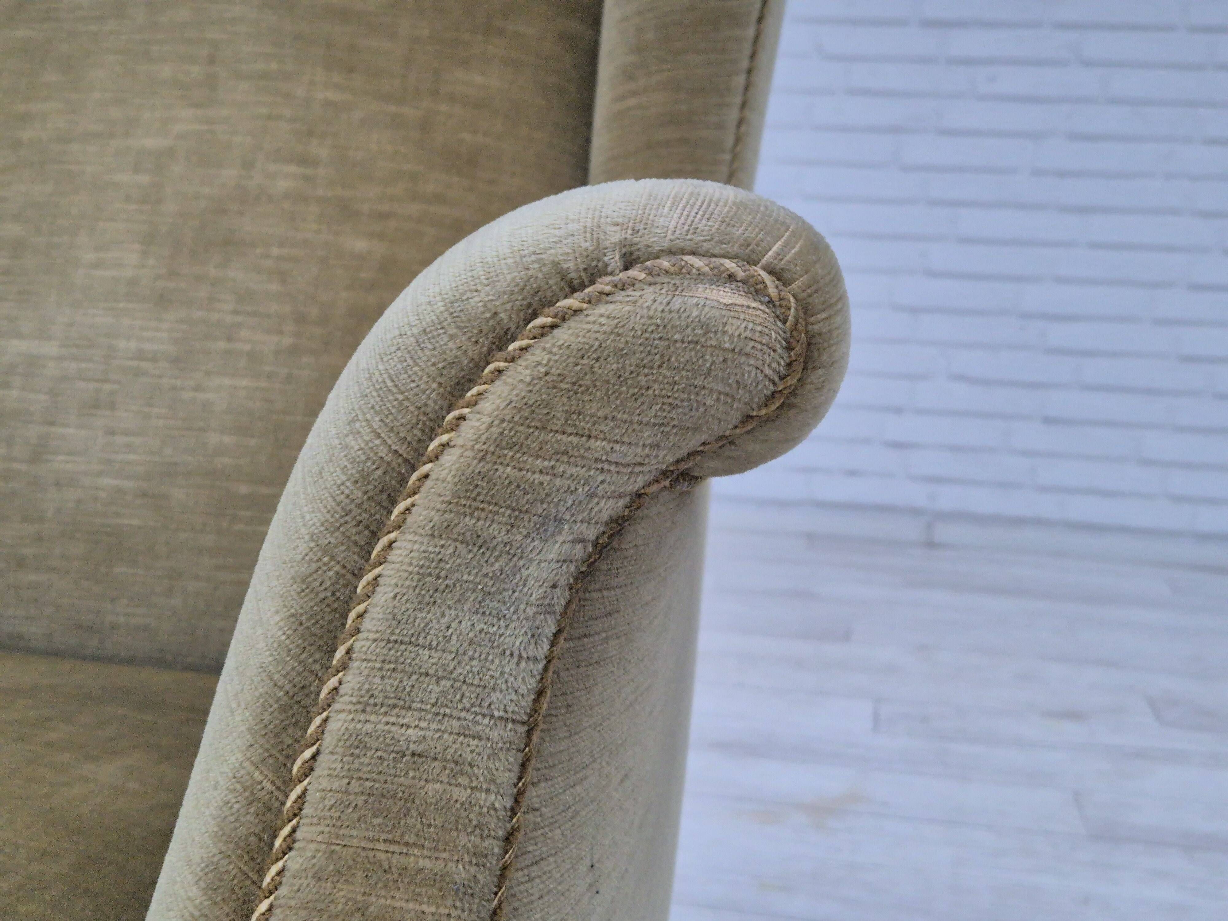 1970s, Danish design, wingback armchair, original condition, furniture velour, beech wood legs.