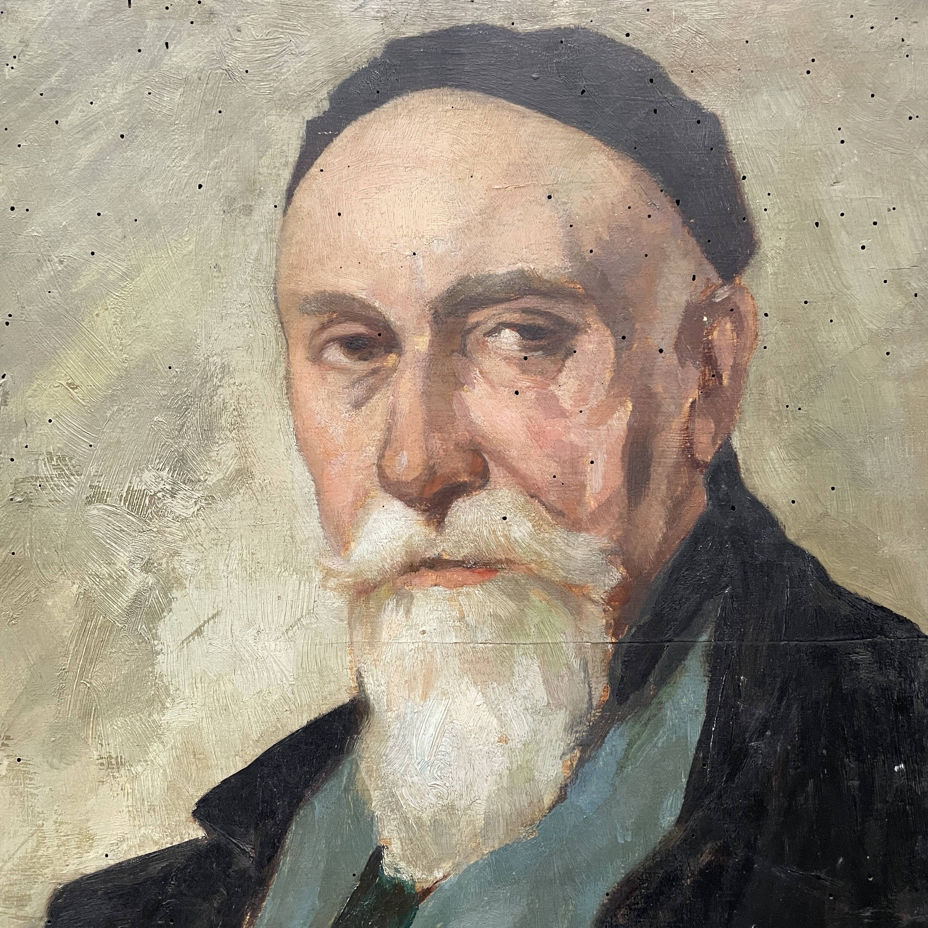 Old portrait of man painted on wooden panel