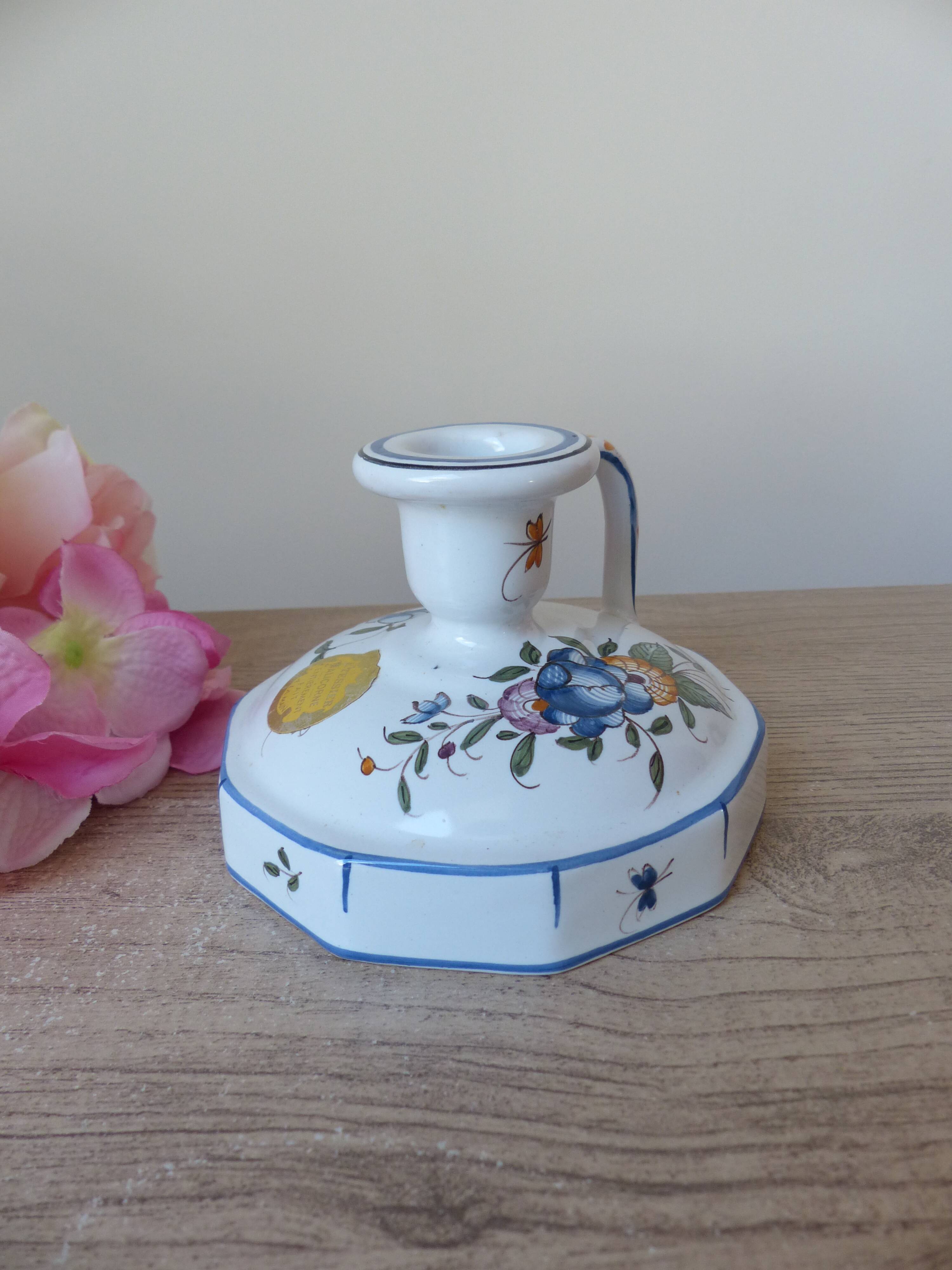 Malicorne earthenware candle holder by Emile Tessier with floral decoration