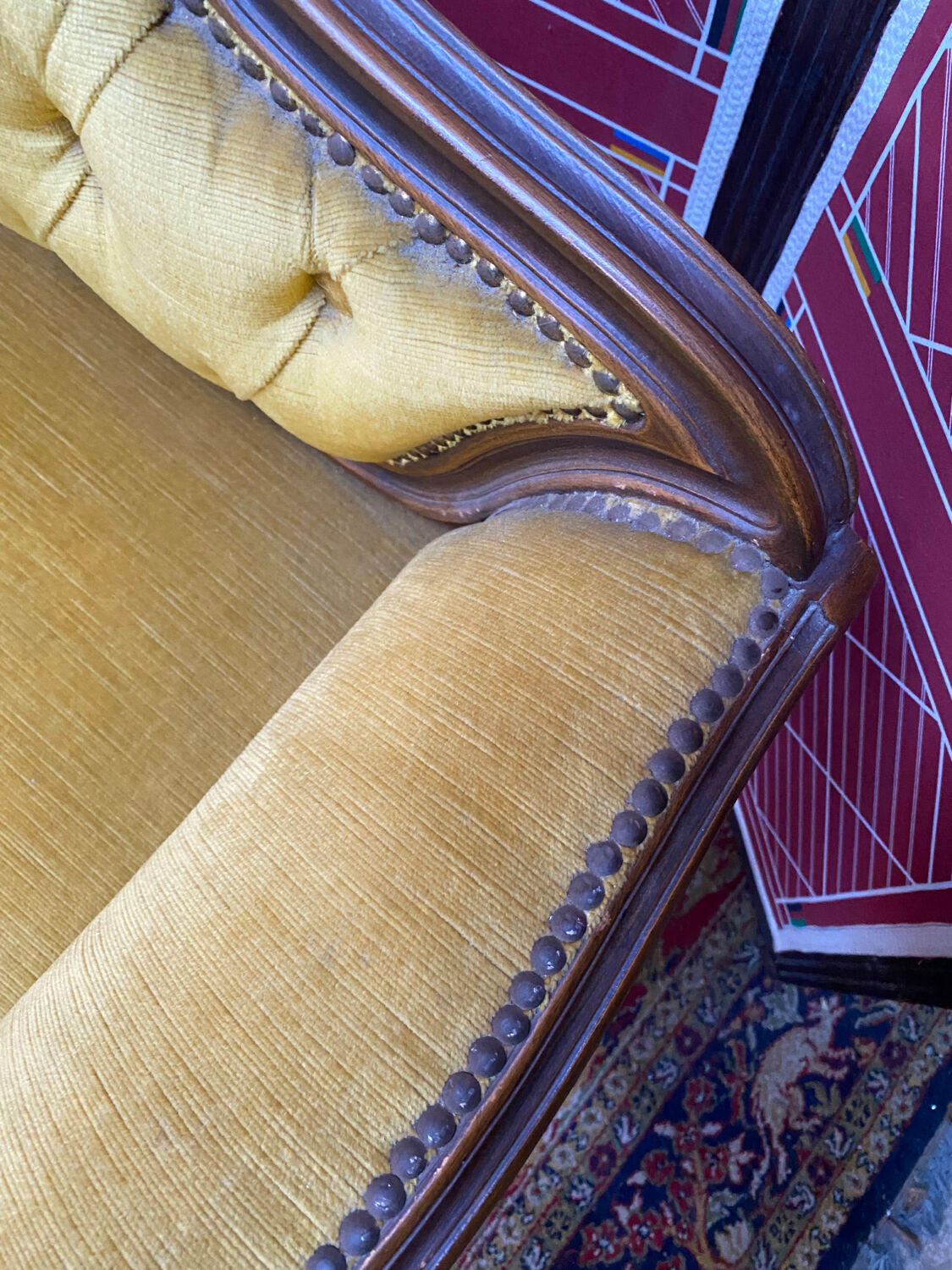 Louis XV style bench upholstered yellow velvet
