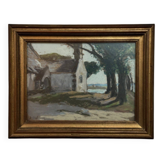 Pastel on cardboard by Désiré Lucas representing a Morbihan chapel