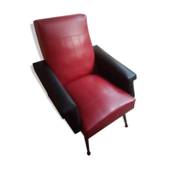 Fauteuil années 60 skai rouge et noir