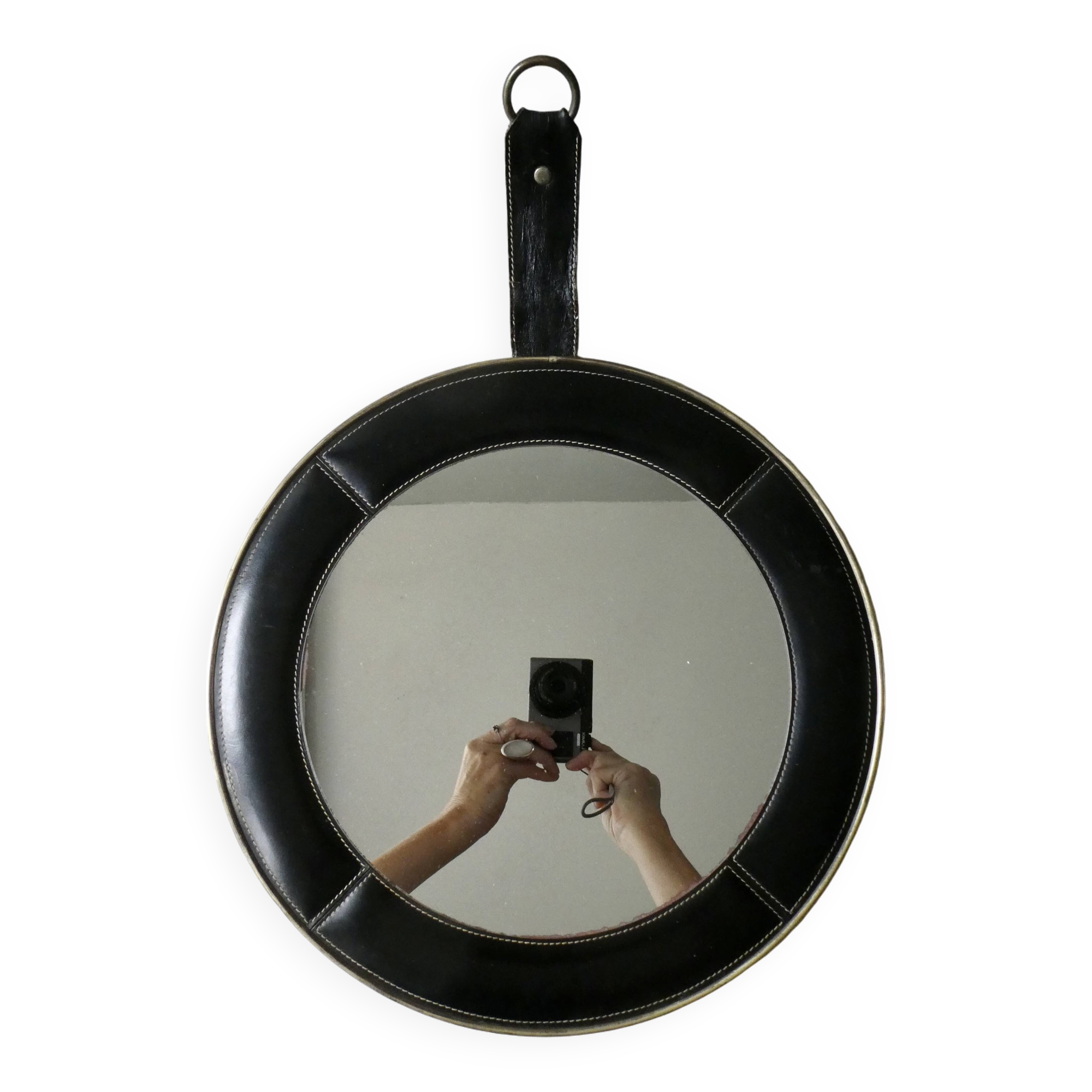 leather mirror, saddle stitching, 60s