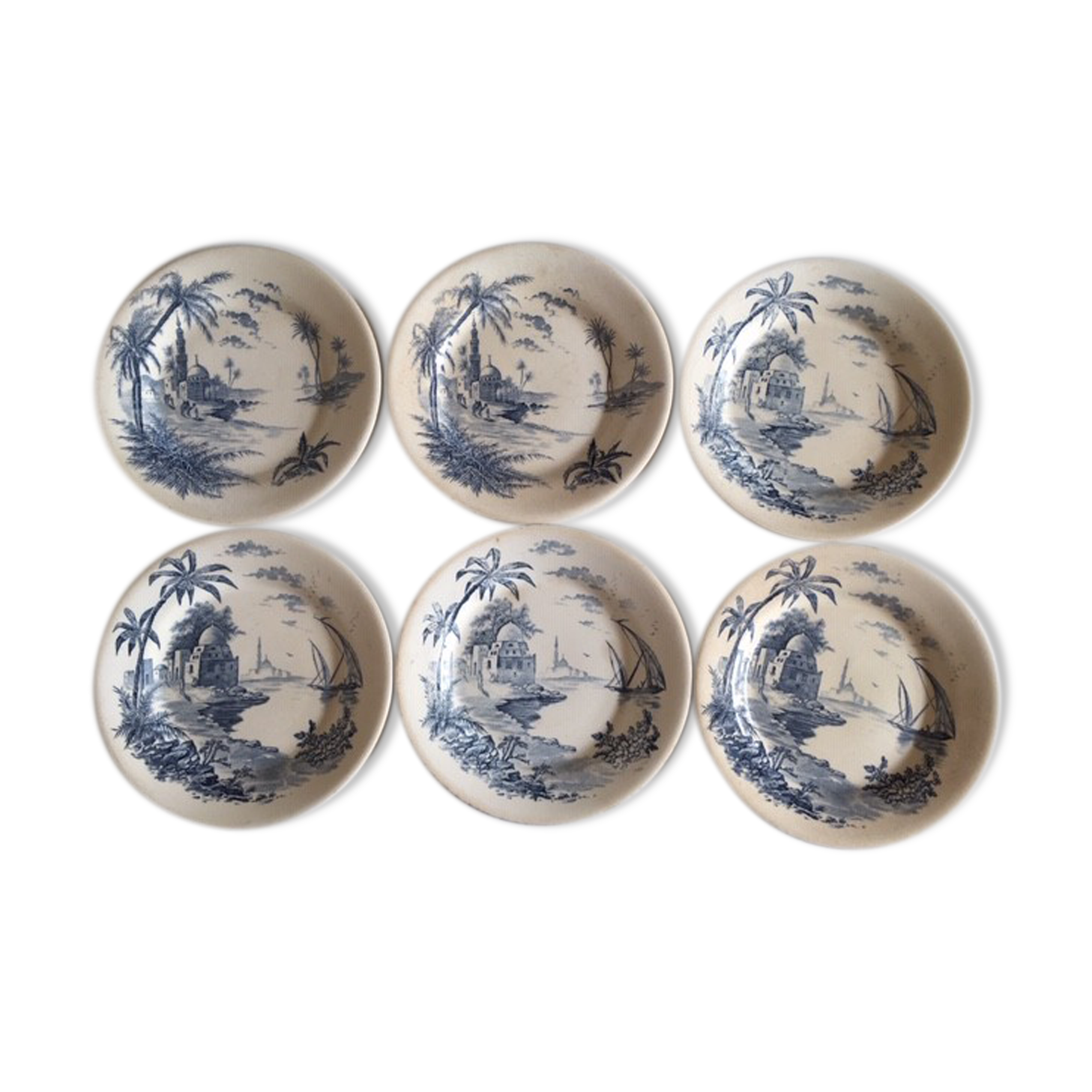 Set de 6 assiettes de faience de Gien vers 1880 décor Vue d'Orient