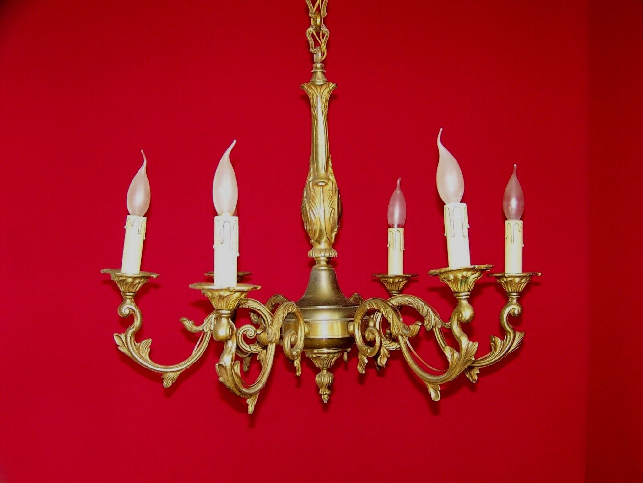 French art nouveau style quality bronze 6 light chandelier