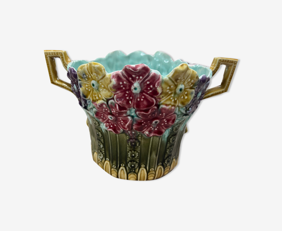 Ancien cache-pot en faïence barbotine