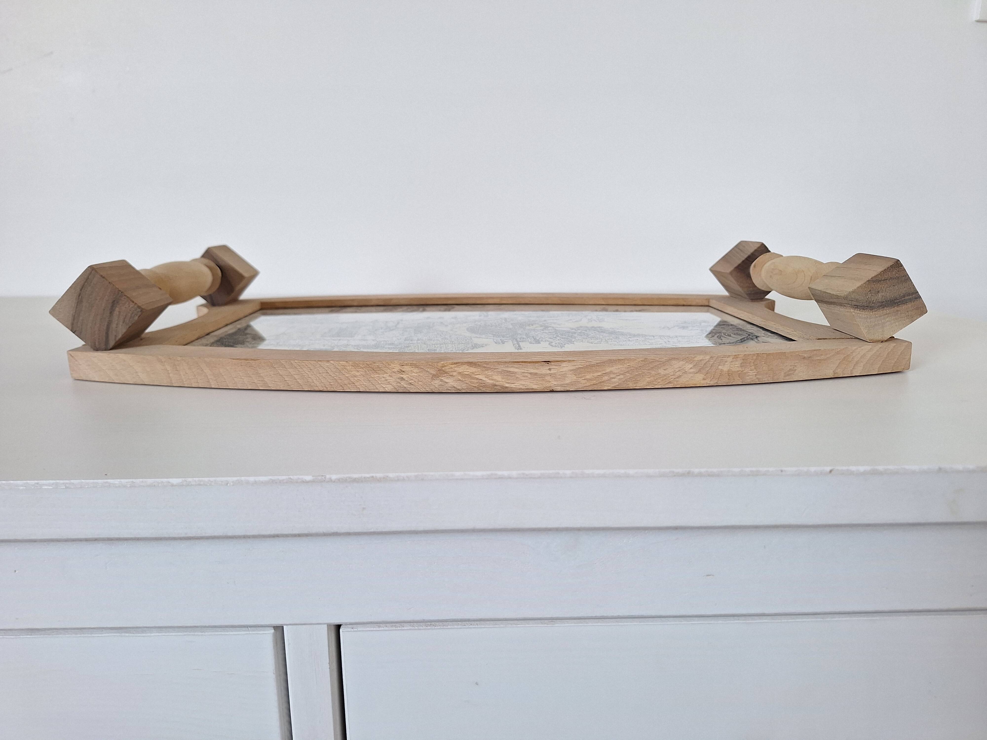 Wooden tray and blue toile de Jouy