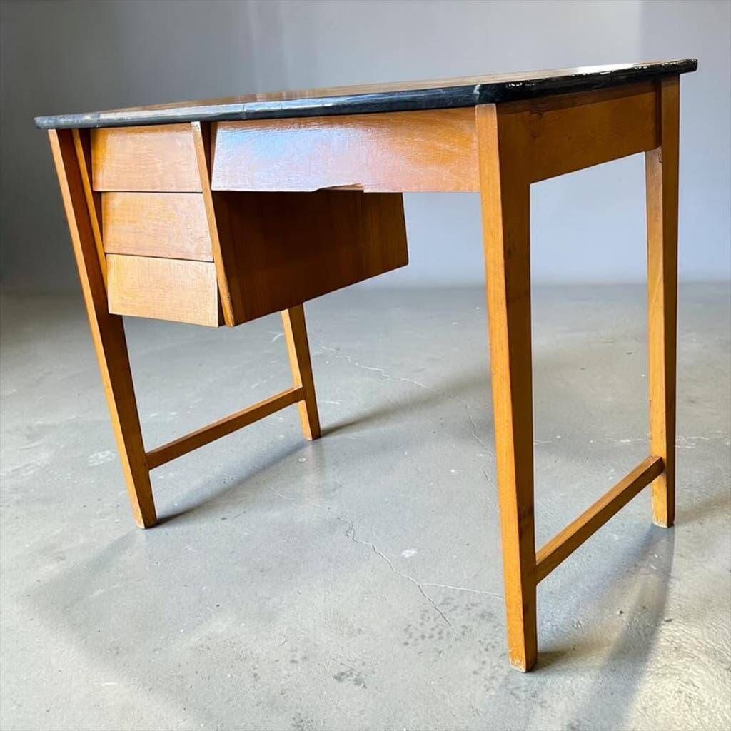 Vintage wooden desk with 3 drawers | 1960s retro style