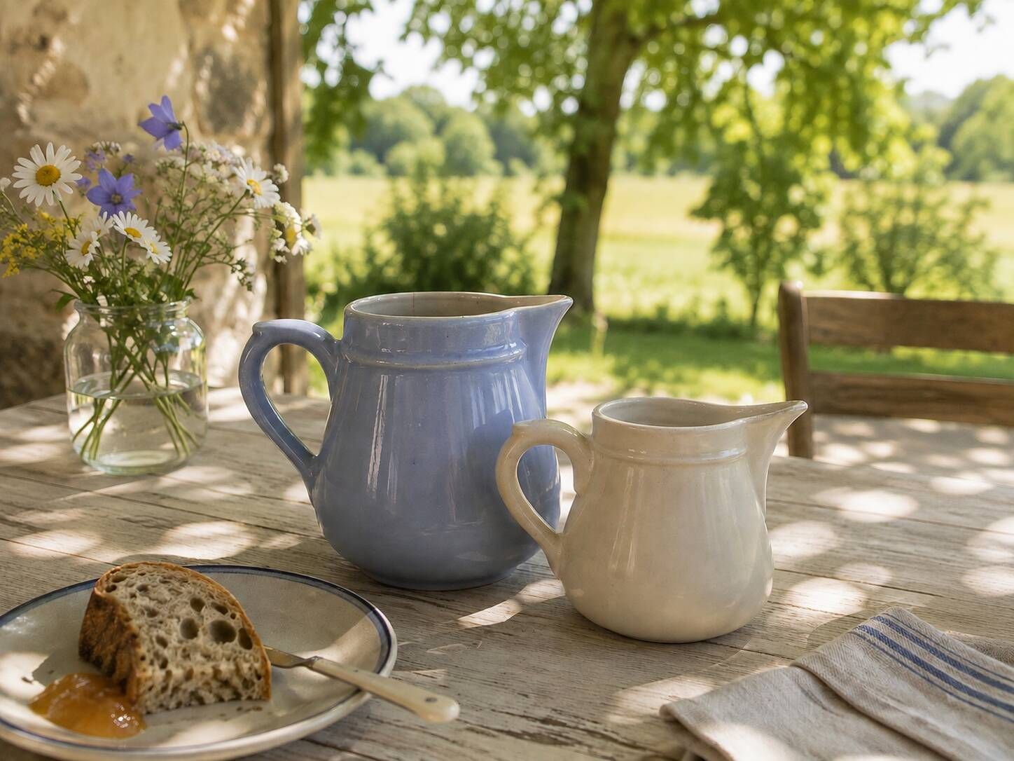 Duo of pastel ceramic milk jugs – Lavender blue & vintage cream