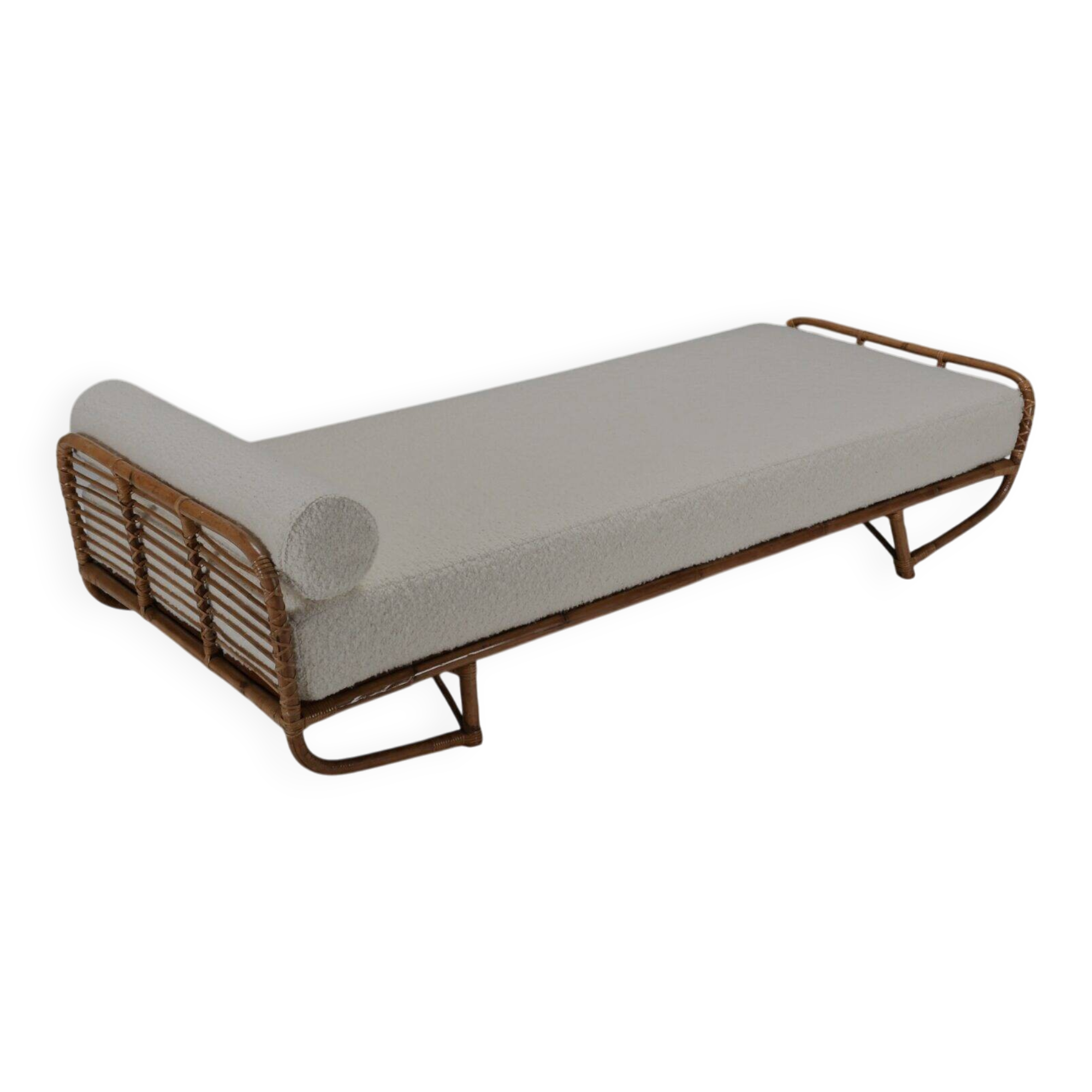 Bamboo and rattan daybed in ivory bouclé, Italy 1960s