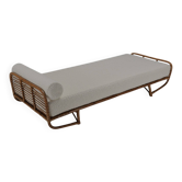 Bamboo and rattan daybed in ivory bouclé, Italy 1960s