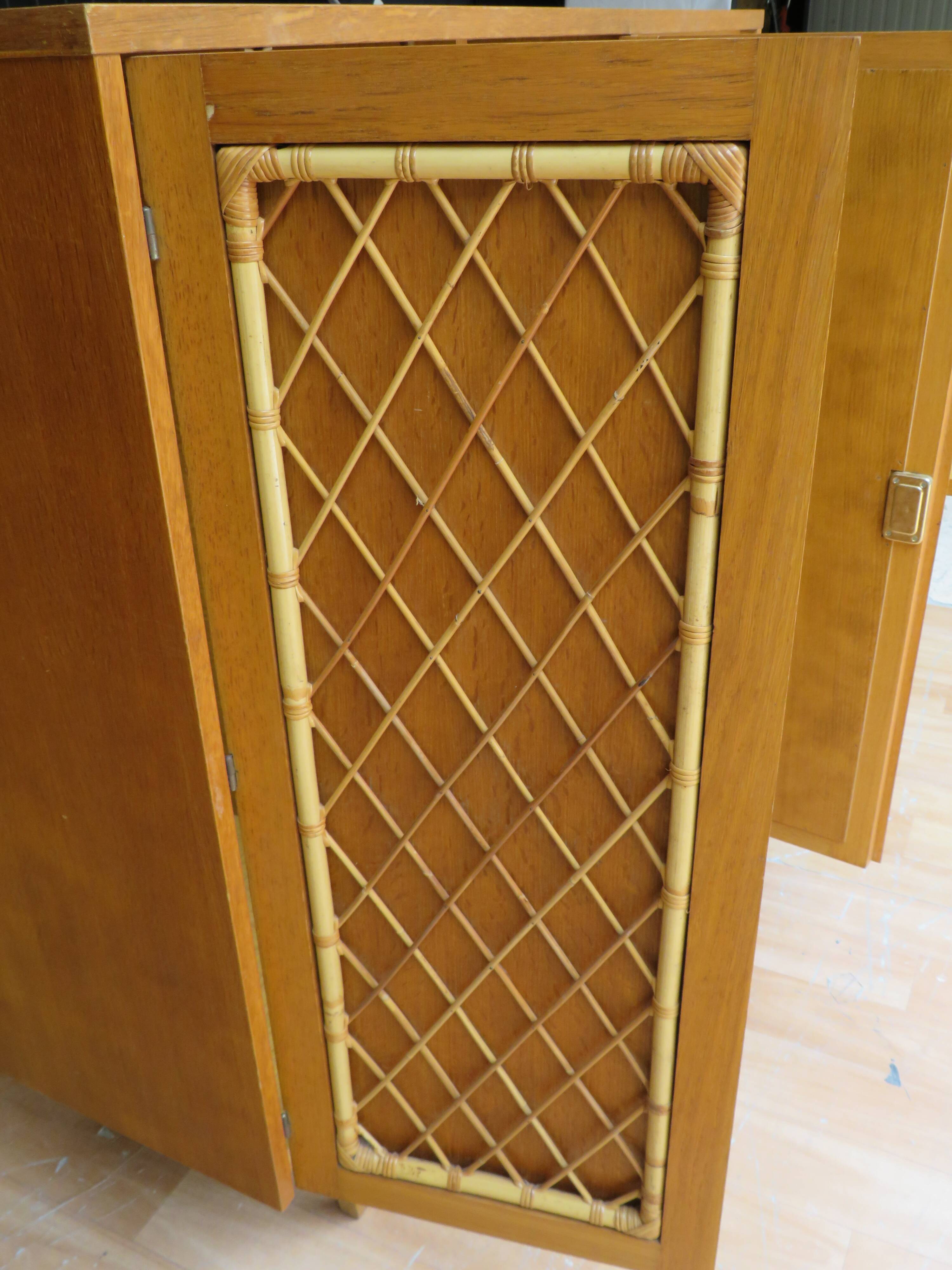 Wardrobe secretary child 60s wood and rattan feet compass