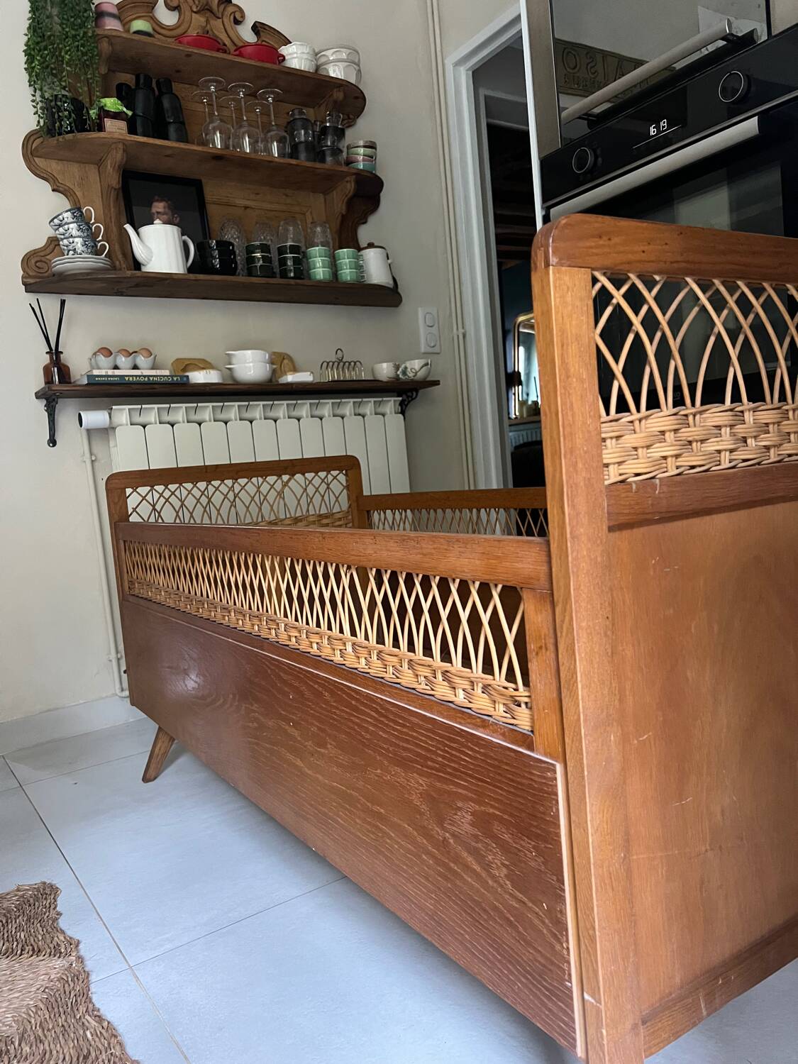 Vintage bed in wood and caning – 1950s/60s, signed workshop